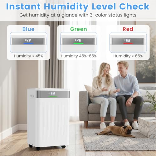 54 Pints Dehumidifier for Home, 4500 Sq.Ft Dehumidifier w/3 Modes, LED Display, 3-Color Indicator Light, 24H Timer, Child Lock, Drain Hose & Auto Defrost for Bathroom Bedroom Basement