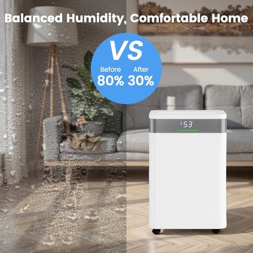 54 Pints Dehumidifier for Home, 4500 Sq.Ft Dehumidifier w/3 Modes, LED Display, 3-Color Indicator Light, 24H Timer, Child Lock, Drain Hose & Auto Defrost for Bathroom Bedroom Basement