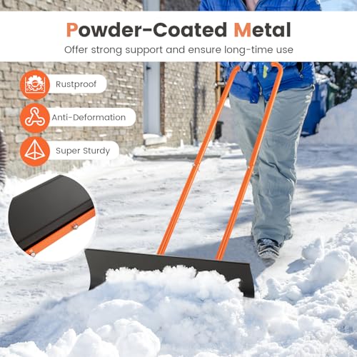 30" Wheeled Snow Shovel Pusher with Metal Frame, Heavy-Duty Adjustable Height Snow Plow for Efficient Snow Clearing, Ergonomic Design for Driveways and Gardens, Black & Orange