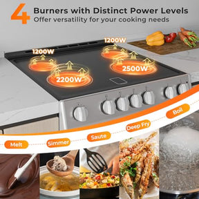 Electric Range, 30 Inch Freestanding & Slide-in Kitchen Stove with 4 Burners Ceramic Cooktop, 5.1 Cu.Ft. Capacity, Stainless Steel Convection Oven with 3 Cooking Modes and 10-120 Mins Timer