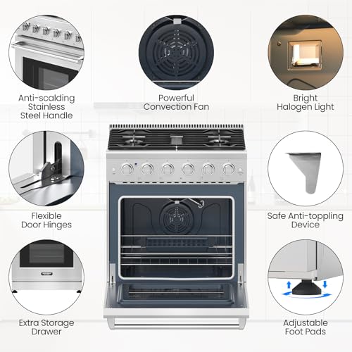 30 Inches Natural Gas Range, 120V Freestanding Gas Range with 5 Burners Cooktop & 4.55 Cu.Ft. Convection Oven, Storage Drawer, Dual Fuels Range with Cast Iron Grates & Enamel Interior, Stainless Steel
