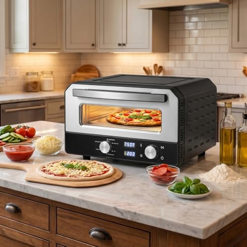Indoor Electric Pizza Oven, Countertop Pizza Oven for 12" Pizzas w/6 Presets & 2-Min Rapid Baking Heats up to 750, Pizza Maker Machine w/Pizza Stone & Cutter Wheel for Home Kitchen