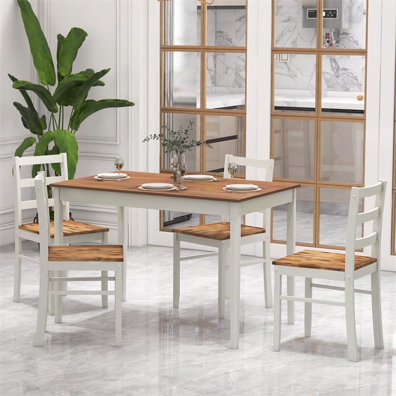 5-Piece Dining Table Set for 4, Wood Kitchen Table & 4 Chairs w/ Rubber Wood Legs, Mid-Century Modern Farmhouse Dinette Set for Small Spaces