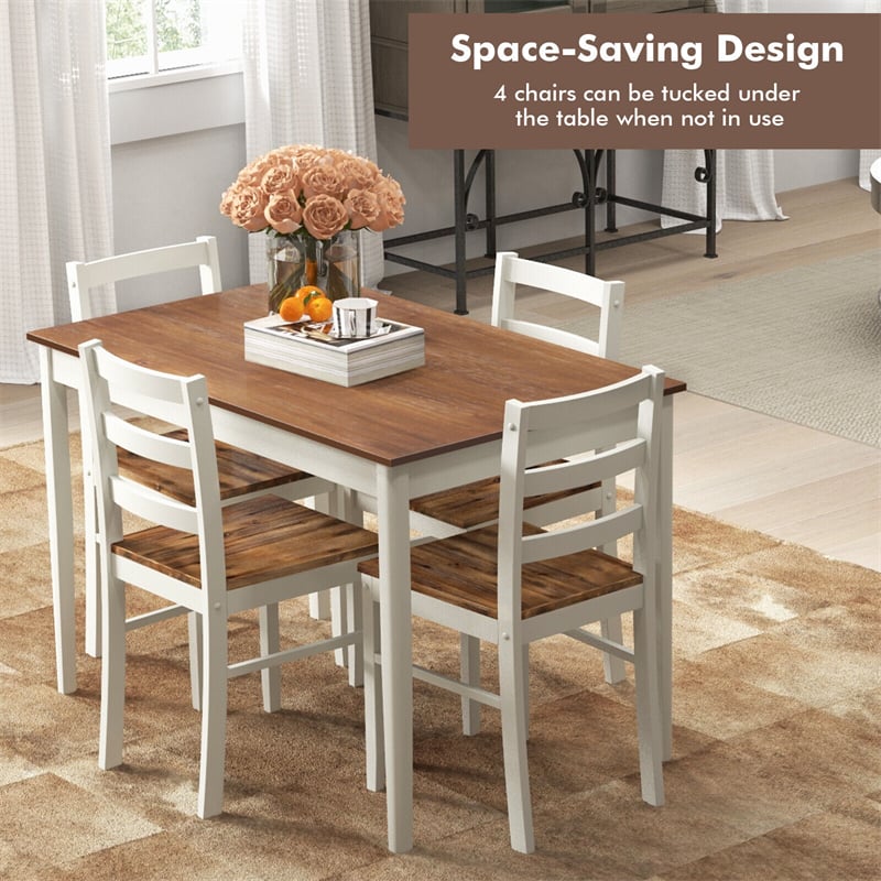 5-Piece Dining Table Set for 4, Wood Kitchen Table & 4 Chairs w/ Rubber Wood Legs, Mid-Century Modern Farmhouse Dinette Set for Small Spaces