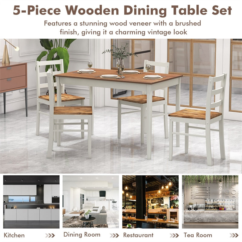 5-Piece Dining Table Set for 4, Wood Kitchen Table & 4 Chairs w/ Rubber Wood Legs, Mid-Century Modern Farmhouse Dinette Set for Small Spaces