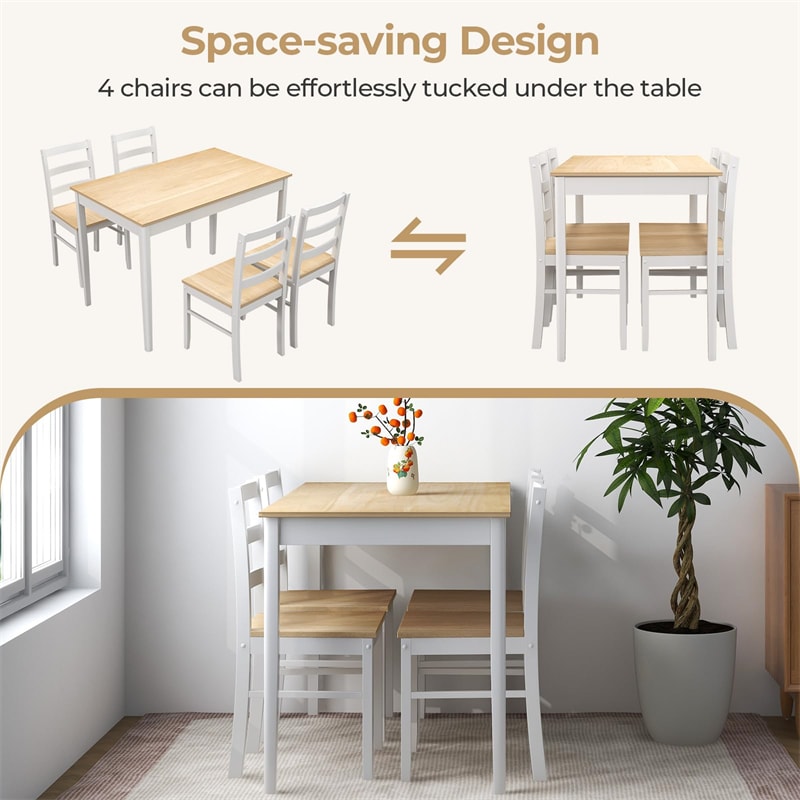 5-Piece Dining Table Set for 4, Wood Kitchen Table & 4 Chairs w/ Rubber Wood Legs, Mid-Century Modern Farmhouse Dinette Set for Small Spaces