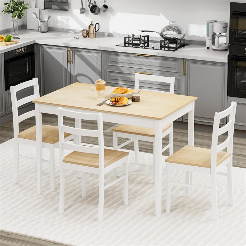 5-Piece Dining Table Set for 4, Wood Kitchen Table & 4 Chairs w/ Rubber Wood Legs, Mid-Century Modern Farmhouse Dinette Set for Small Spaces