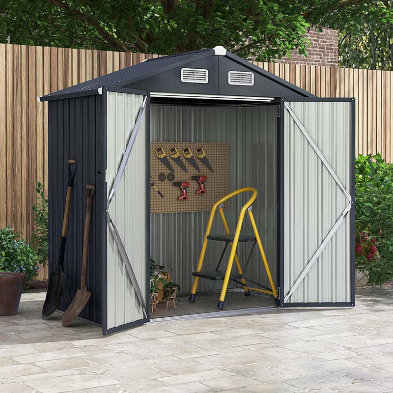 6.3 x 3.5 FT Outdoor Storage Shed Metal Garden Sheds Galvanized Tool Storage House with 4 Vents, Base Floor, Lockable Doors