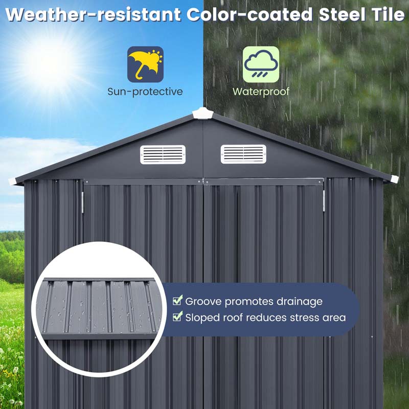 6.3 x 3.5 FT Outdoor Storage Shed Metal Garden Sheds Galvanized Tool Storage House with 4 Vents, Base Floor, Lockable Doors