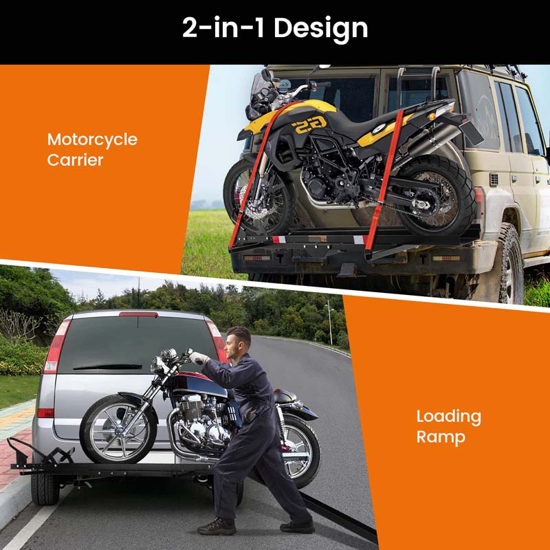 600 LBS Motorcycle Carrier for Car Truck SUV RV, Heavy Duty Steel Hitch Mount Dirt Bike Rack with Loading Ramp, Wheel Chock & 2 Straps