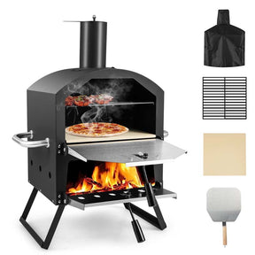 2-Layer Outdoor Pizza Oven Wood Fired for Camping BBQ, Stainless Steel Portable Grill Pizza Maker with Folding Legs