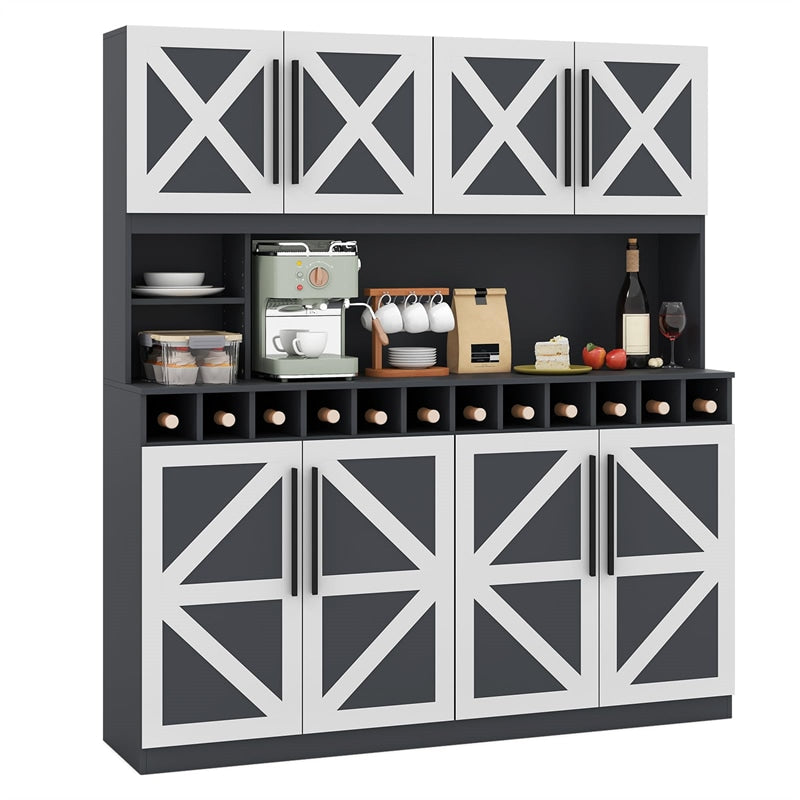 70" Farmhouse Pantry Cabinet, Kitchen Buffet Hutch with 12-Bottle Wine Rack, 8-Door Storage Cupboard, Large Countertop & Adjustable Shelves