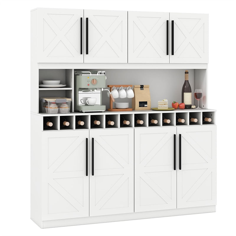 70" Farmhouse Pantry Cabinet, Kitchen Buffet Hutch with 12-Bottle Wine Rack, 8-Door Storage Cupboard, Large Countertop & Adjustable Shelves