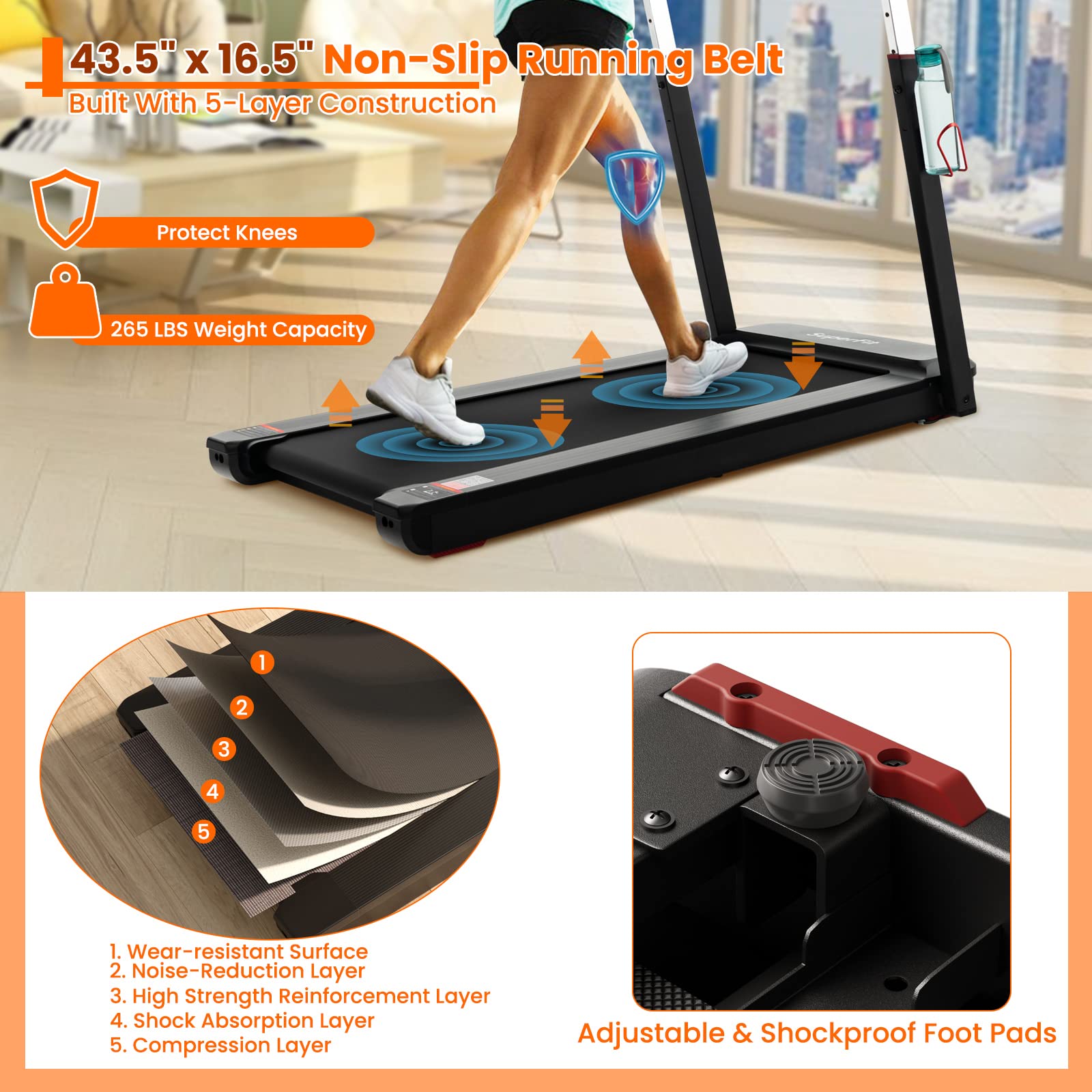 3HP Foldable Treadmill Portable Walking Machine with Desk, Adjustable Height, Bluetooth Speaker, APP Control, LED Display, 25 Preset Programs