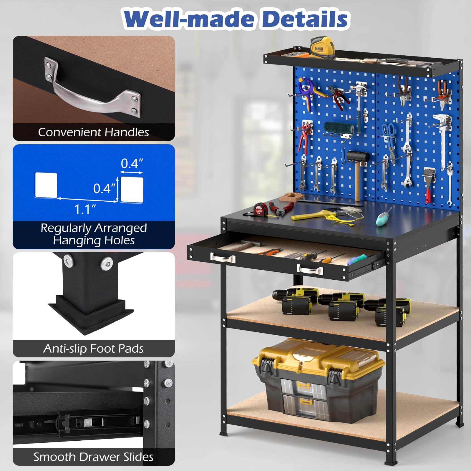 32" x 16" Workbench with Pegboard, 495 LBS Work Table with Drawer, Open Shelves, Heavy Duty Work Bench Workstation for Garage Workshop Warehouse