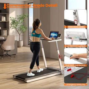 3HP Foldable Treadmill Portable Walking Machine with Desk, Adjustable Height, Bluetooth Speaker, APP Control, LED Display, 25 Preset Programs