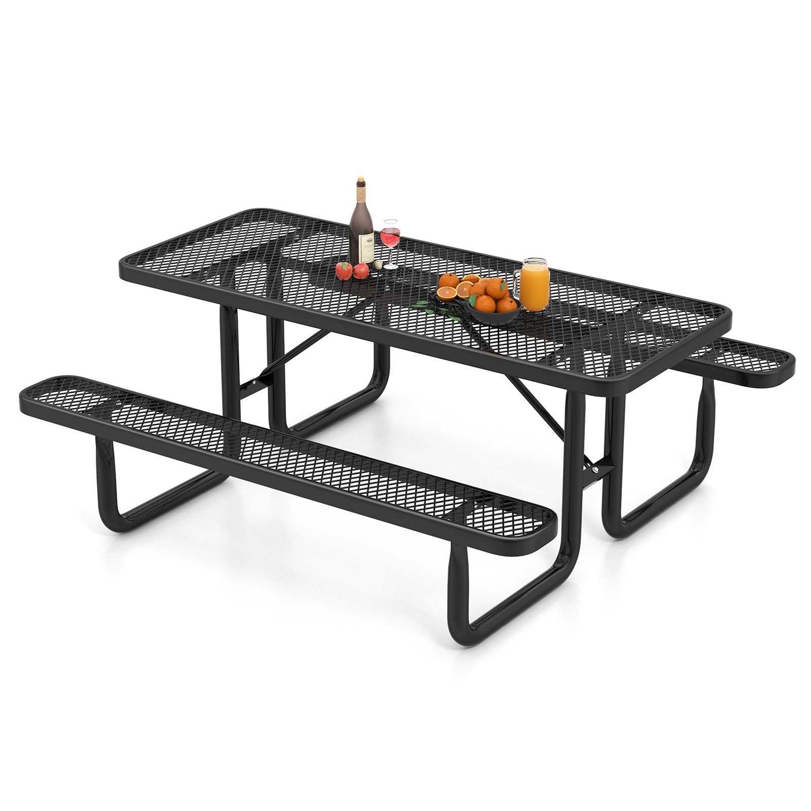 72" 8-Person Mesh Picnic Table Bench Set with Thermoplastic Coated Steel, Heavy Duty Patio Dining Table for Cafe Restaurant Bar