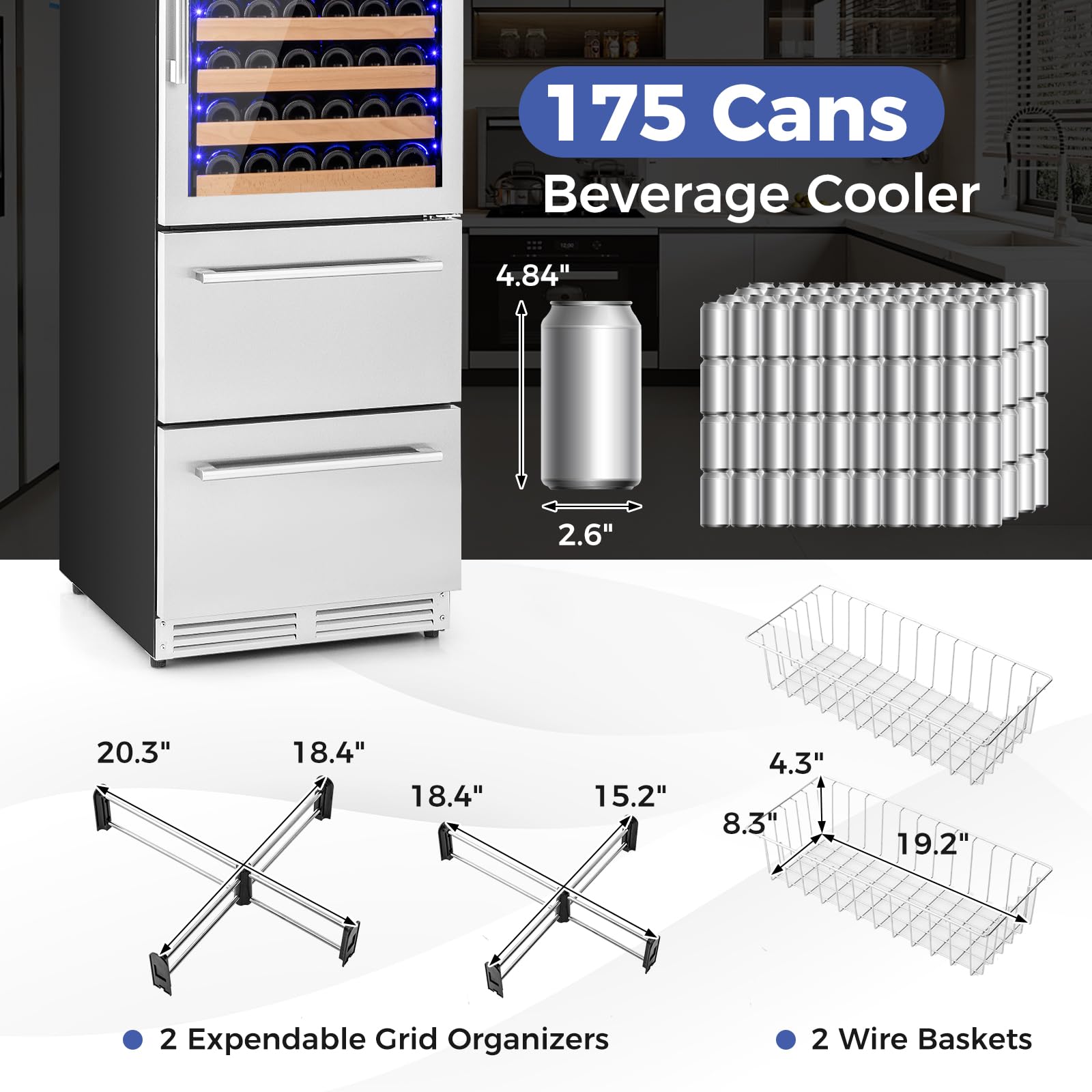 24" Wine Beverage Refrigerator, Dual Zone Beverage Cooler with 108 Bottles and 175 Cans, Built-In or Freestanding Wine Cellar