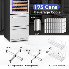 24" Wine Beverage Refrigerator, Dual Zone Beverage Cooler with 108 Bottles and 175 Cans, Built-In or Freestanding Wine Cellar