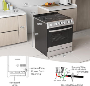 Electric Range, 30 Inch Freestanding & Slide-in Kitchen Stove with 4 Burners Ceramic Cooktop, 5.1 Cu.Ft. Capacity, Stainless Steel Convection Oven with 3 Cooking Modes and 10-120 Mins Timer