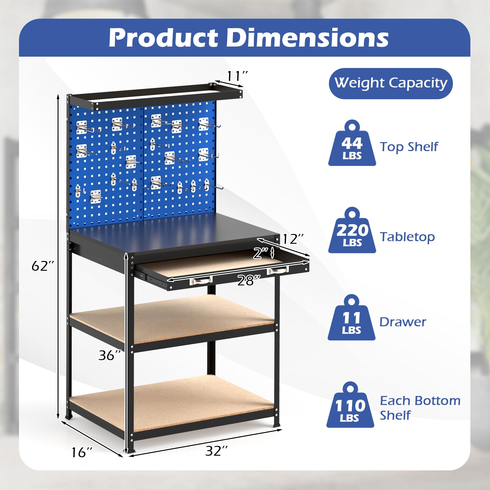 32" x 16" Workbench with Pegboard, 495 LBS Work Table with Drawer, Open Shelves, Heavy Duty Work Bench Workstation for Garage Workshop Warehouse