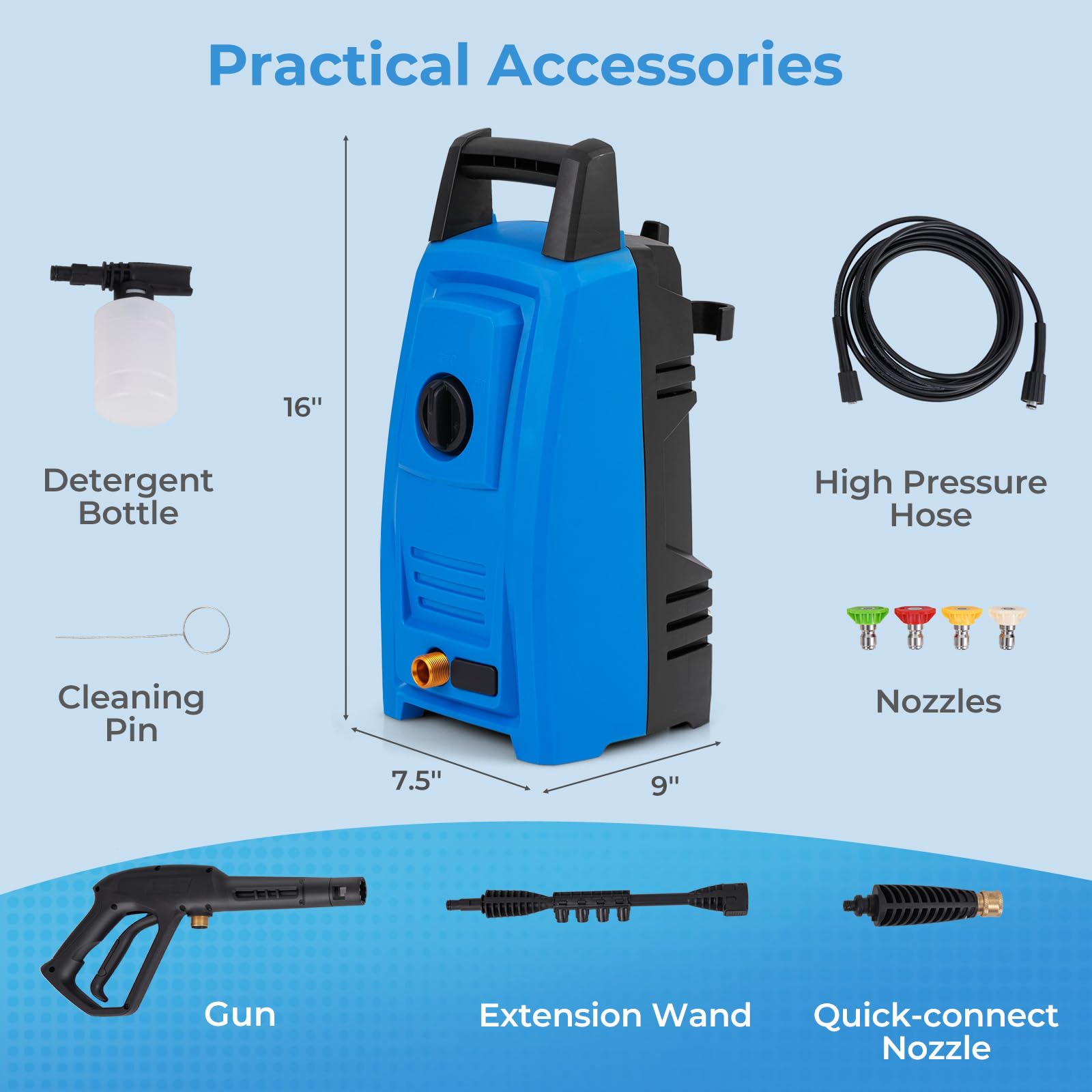 1900 PSI 1.8 GPM Electric Pressure Washer, Portable High Pressure Power Washer with 4 Quick Connect Nozzles, Soap Bottle & 19.7 FT Hose