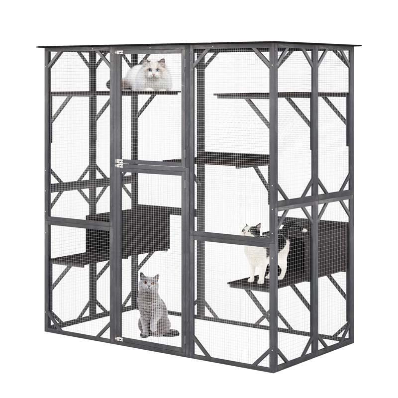 71" Tall Large Cat House Outdoor Catio Kitty Enclosure, Walk-in Cat Kennel Condo, Wooden Cat Cage Playpen with 7 Platforms