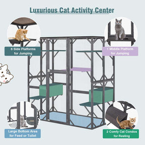 71" Tall Large Cat House Outdoor Catio Kitty Enclosure, Walk-in Cat Kennel Condo, Wooden Cat Cage Playpen with 7 Platforms