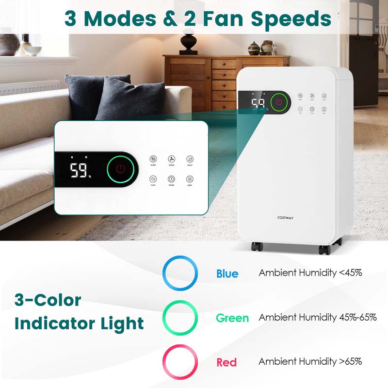 32 Pints 2500 Sq. Ft Portable Quiet Air Dehumidifier for Basement with Sleep Mode, 3-Color Indicator Light, 24H Timer, Child Lock