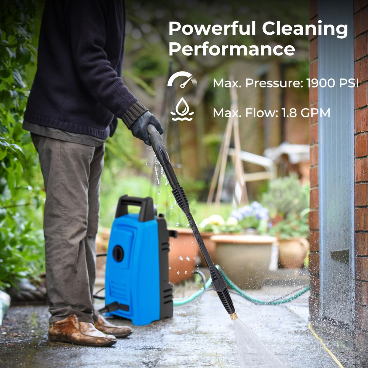 1900 PSI 1.8 GPM Electric Pressure Washer, Portable High Pressure Power Washer with 4 Quick Connect Nozzles, Soap Bottle & 19.7 FT Hose