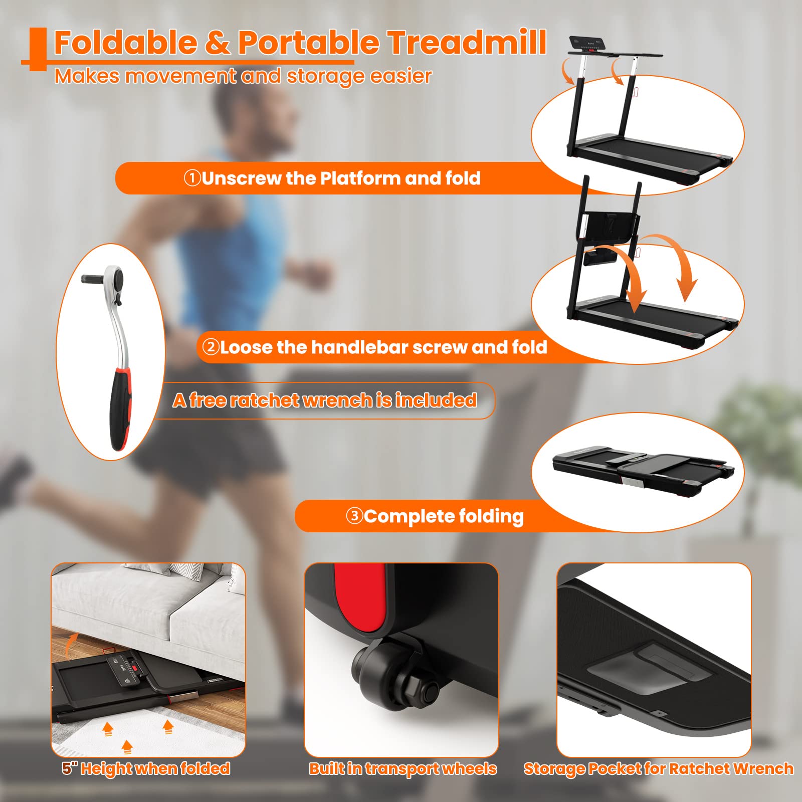 3HP Foldable Treadmill Portable Walking Machine with Desk, Adjustable Height, Bluetooth Speaker, APP Control, LED Display, 25 Preset Programs