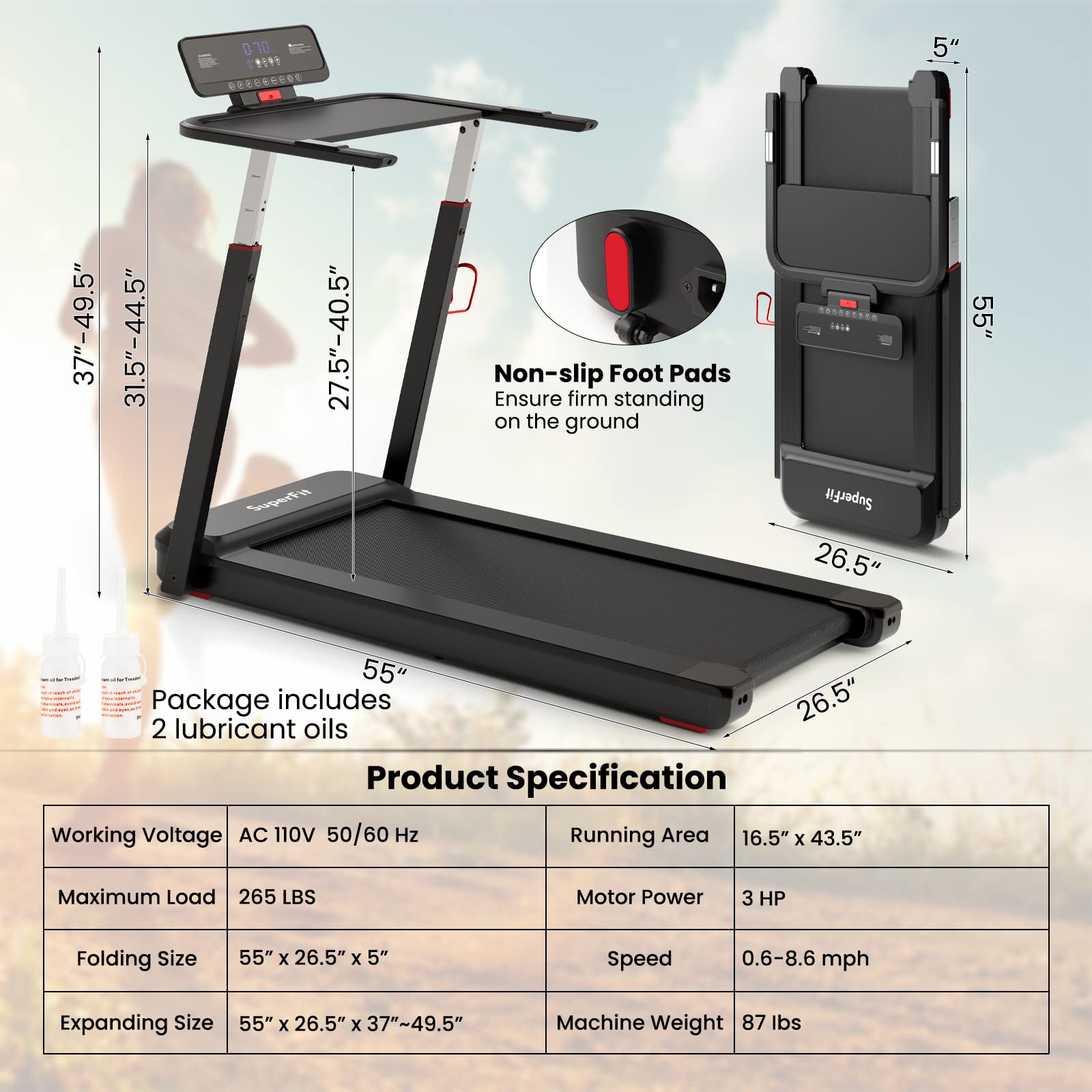 3HP Foldable Treadmill Portable Walking Machine with Desk, Adjustable Height, Bluetooth Speaker, APP Control, LED Display, 25 Preset Programs