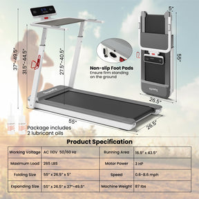 3HP Foldable Treadmill Portable Walking Machine with Desk, Adjustable Height, Bluetooth Speaker, APP Control, LED Display, 25 Preset Programs