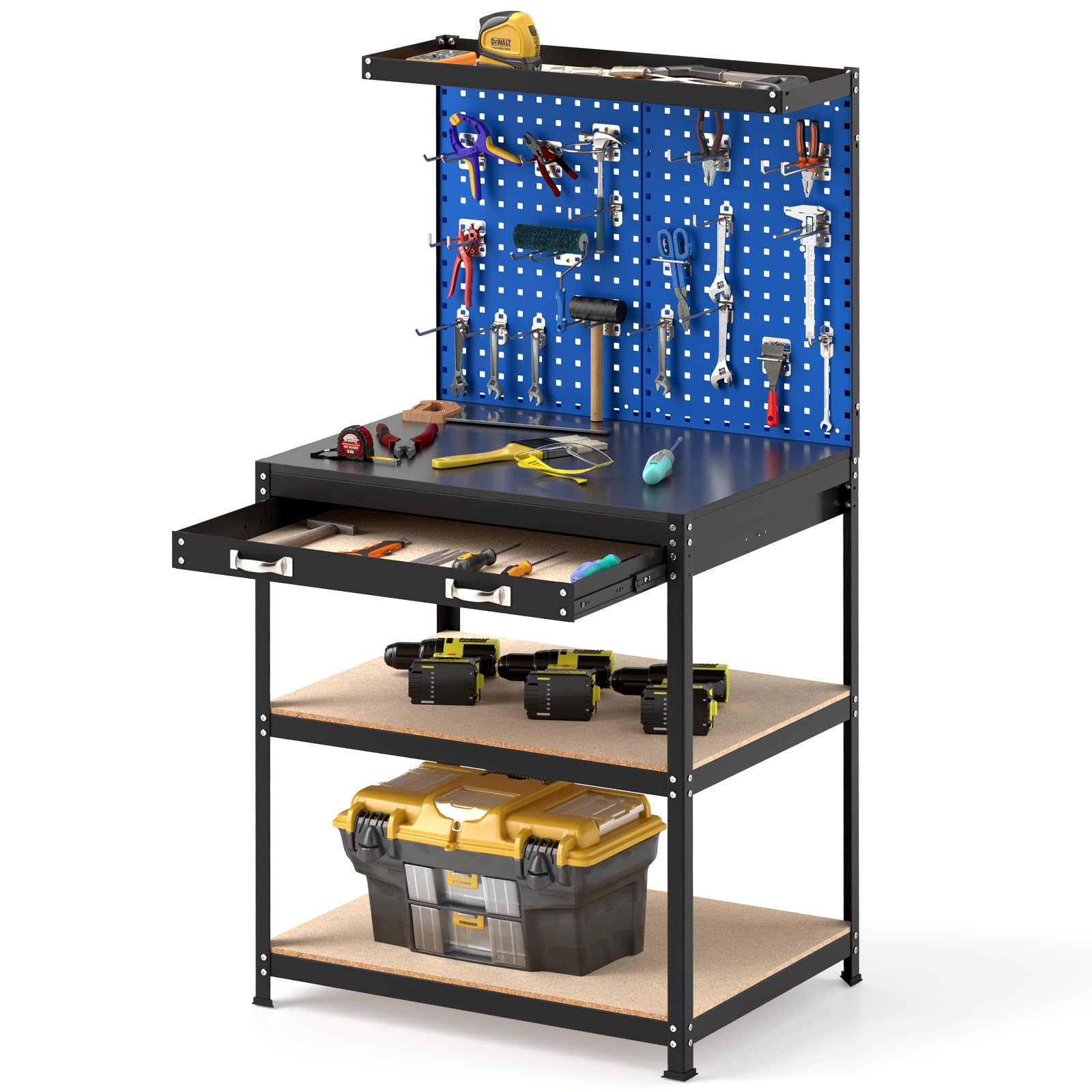 32" x 16" Workbench with Pegboard, 495 LBS Work Table with Drawer, Open Shelves, Heavy Duty Work Bench Workstation for Garage Workshop Warehouse