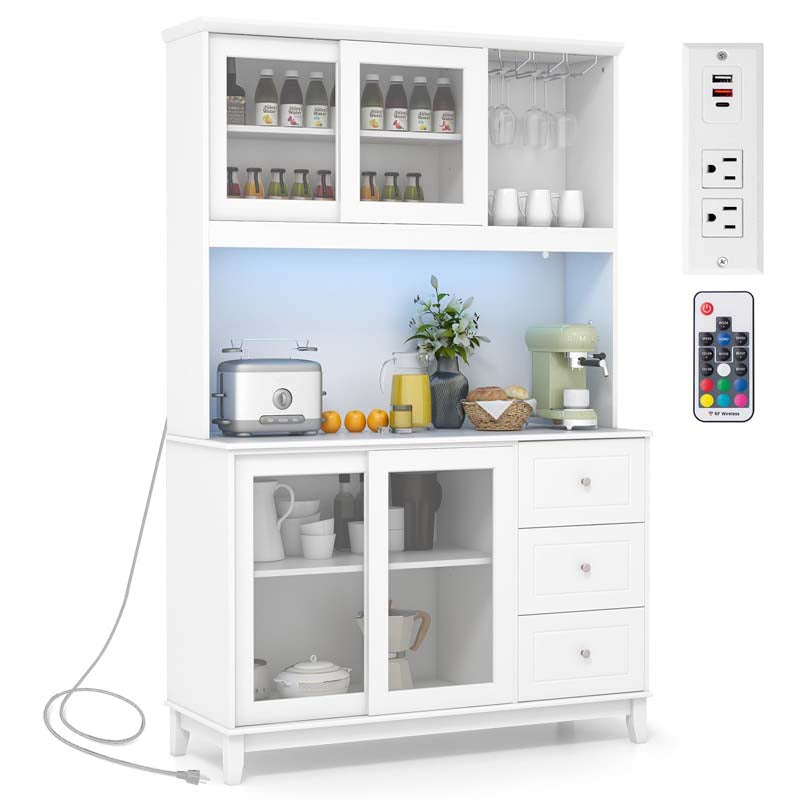 73" Kitchen Pantry Storage Cabinet with LED Lights & Power Outlet, Kitchen Hutch Buffet Cabinet for Dining Room