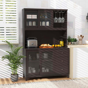 73" Kitchen Pantry Storage Cabinet with LED Lights & Power Outlet, Kitchen Hutch Buffet Cabinet for Dining Room