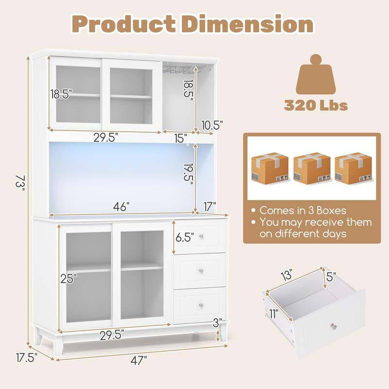 73" Kitchen Pantry Storage Cabinet with LED Lights & Power Outlet, Kitchen Hutch Buffet Cabinet for Dining Room