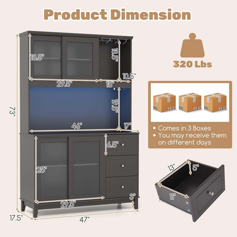 73" Kitchen Pantry Storage Cabinet with LED Lights & Power Outlet, Kitchen Hutch Buffet Cabinet for Dining Room