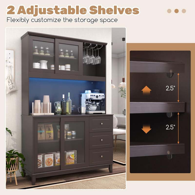 73" Kitchen Pantry Storage Cabinet with LED Lights & Power Outlet, Kitchen Hutch Buffet Cabinet for Dining Room