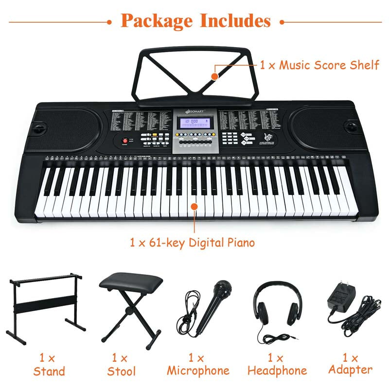 61 Key Keyboard Piano Starter Set with LCD Screen, Portable Digital Piano with Headphone, Foldable Piano Bench, Dual Power Supply