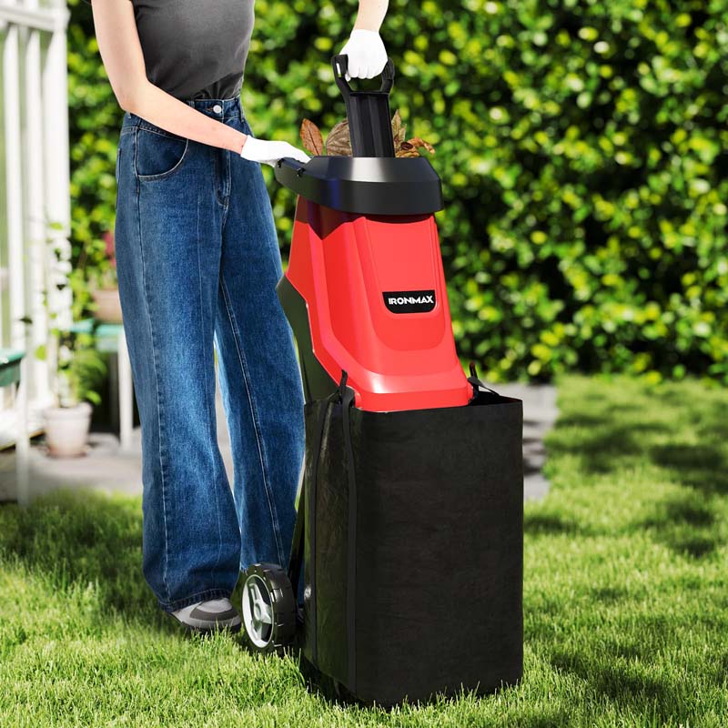 15 Amp Electric Wood Chipper Shredder for Branches Leaves Waste, Corded Leaf Mulcher Garden Shredder with Plunger, Collection Bag & 15:1 Reduction