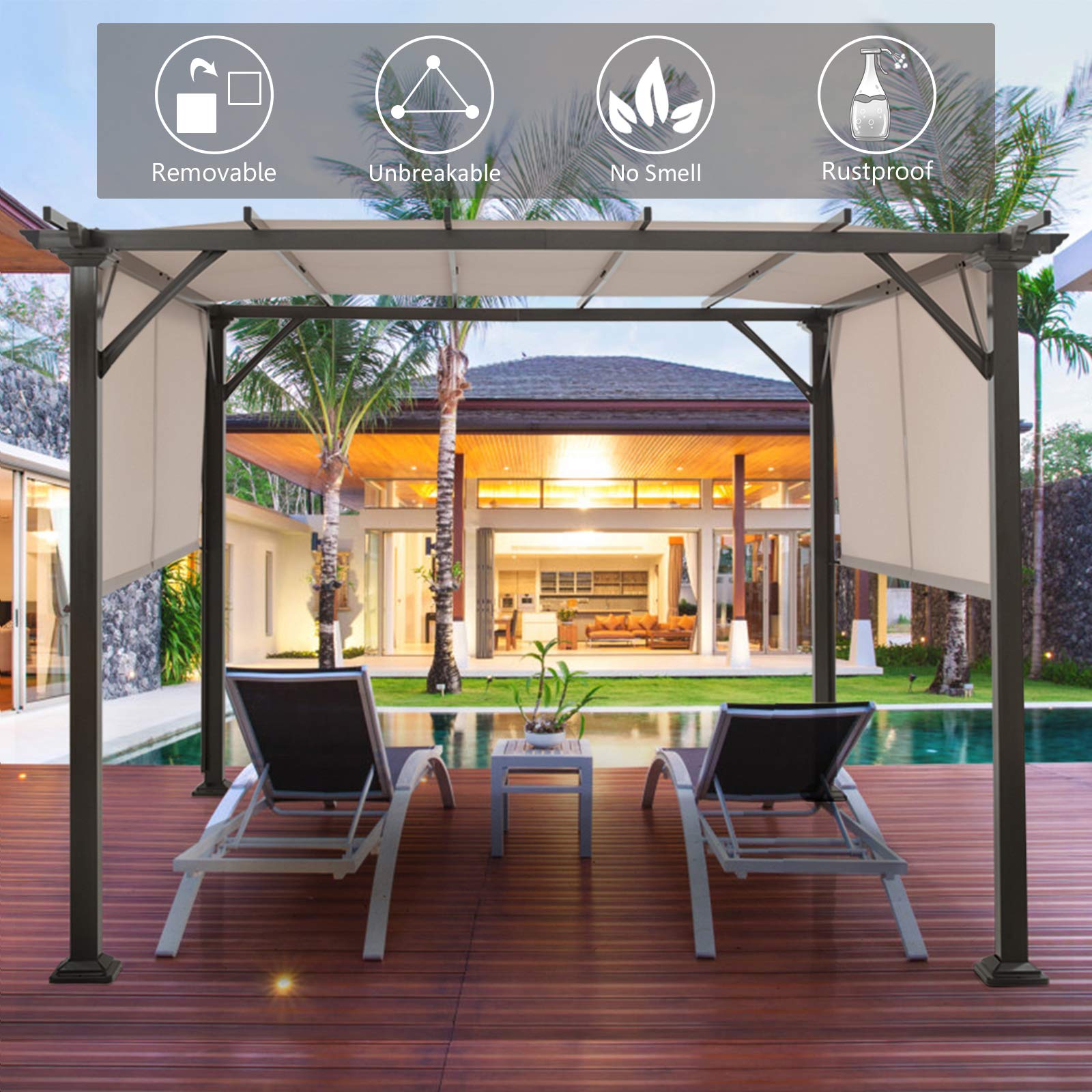 10 x 10 FT Metal Pergola with Retractable Canopy Outdoor Patio Pergola Gazebo Sun Shelter