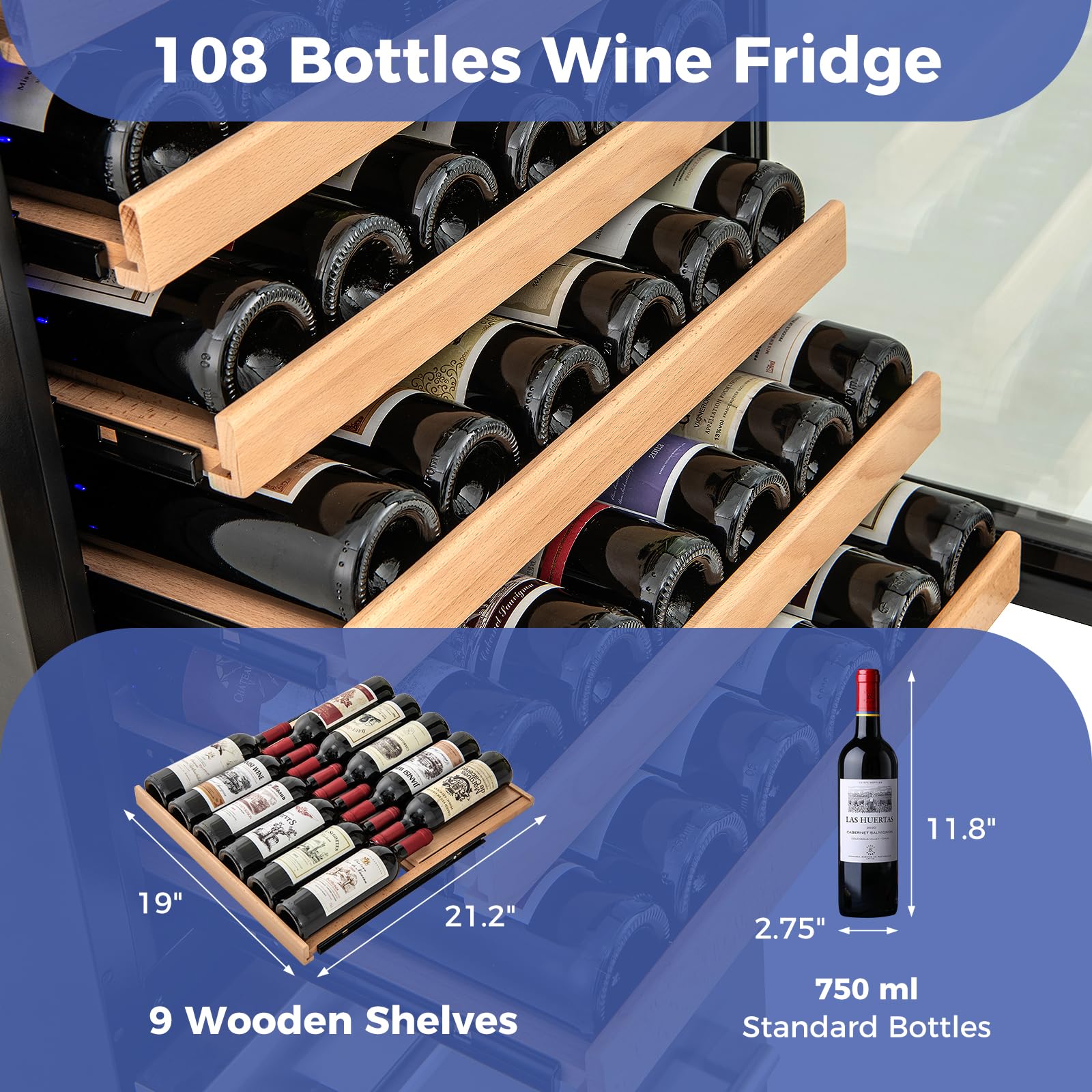 24" Wine Beverage Refrigerator, Dual Zone Beverage Cooler with 108 Bottles and 175 Cans, Built-In or Freestanding Wine Cellar