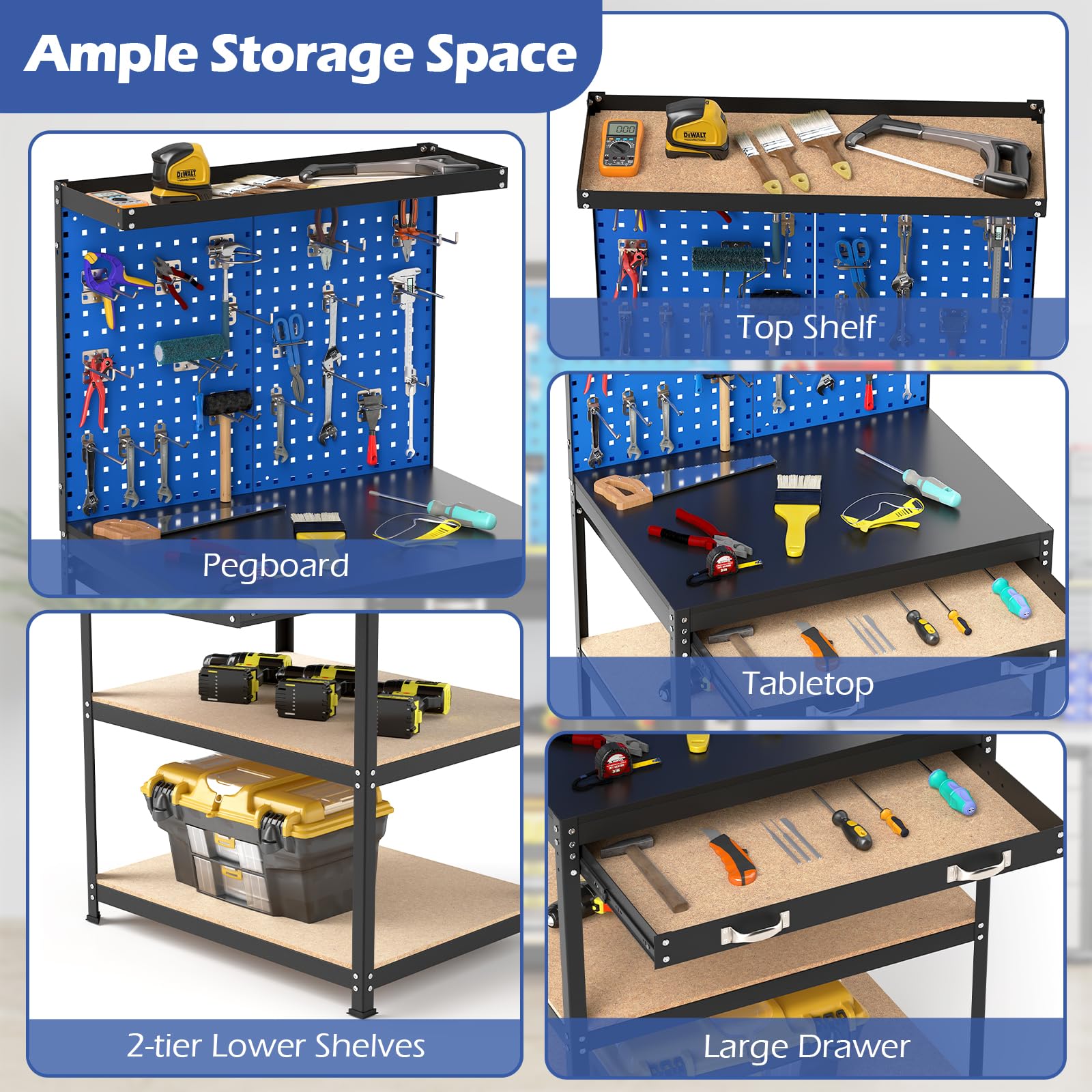 32" x 16" Workbench with Pegboard, 495 LBS Work Table with Drawer, Open Shelves, Heavy Duty Work Bench Workstation for Garage Workshop Warehouse