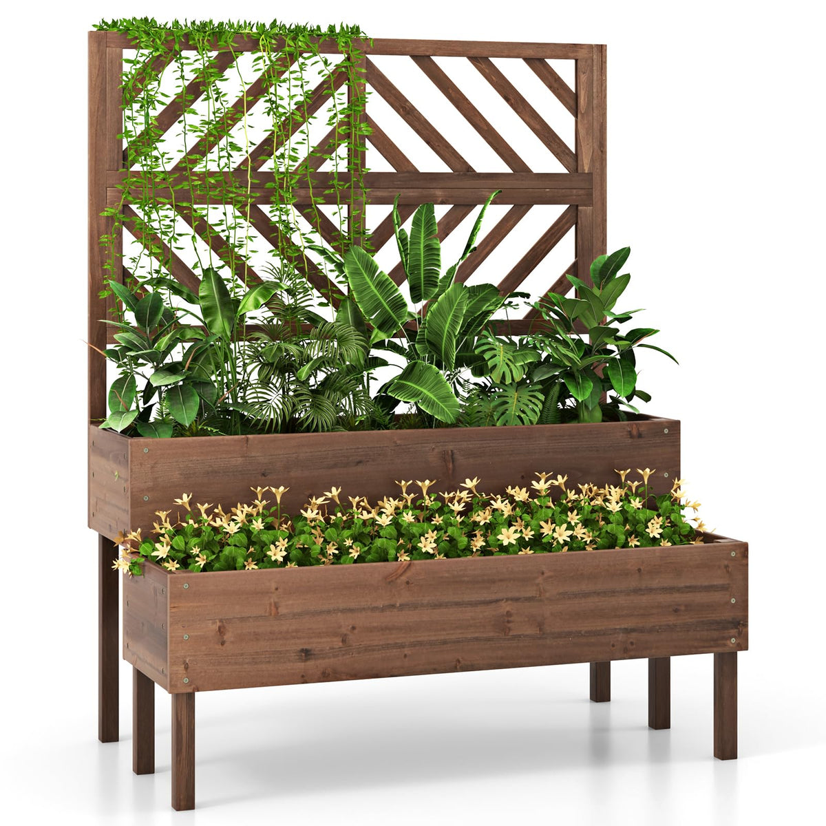 2-Tier Raised Garden Bed with Trellis, 53" Freestanding Elevated Wood Planter Box with Legs & Drainage Holes for Climbing Plants, Flowers