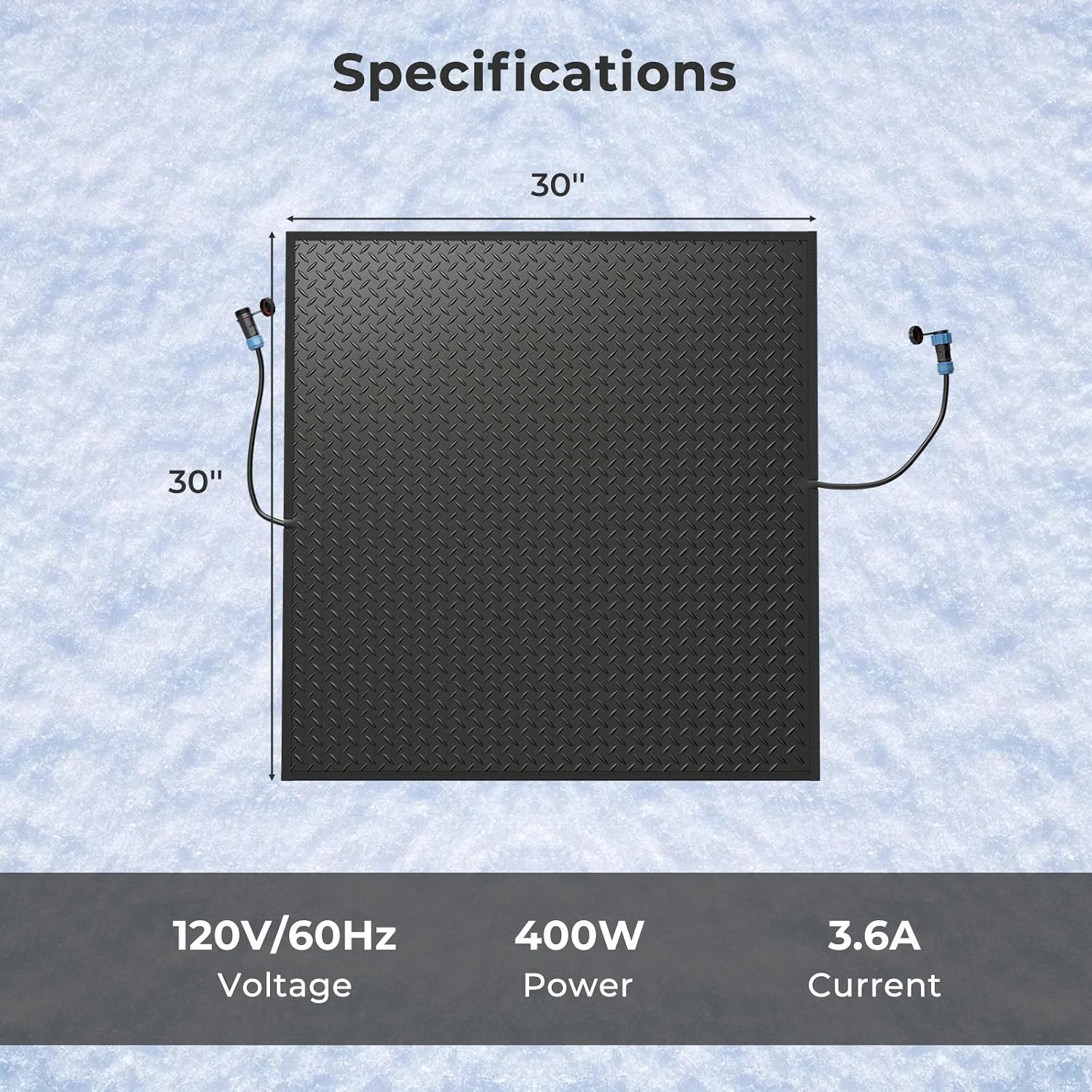 20" /30"x 30" Heated Snow Melting Mat, Heated Outdoor Mat for Winter Snow Removal with 3 in/h Speed, 9.5 ft Power Cord, GFCI Plug, Non-Slip Rubber and IP66 Waterproof, Snow and Ice Heated Pad for Walkway, Doorway and Driveway