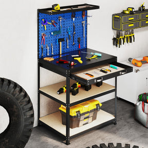 32" x 16" Workbench with Pegboard, 495 LBS Work Table with Drawer, Open Shelves, Heavy Duty Work Bench Workstation for Garage Workshop Warehouse