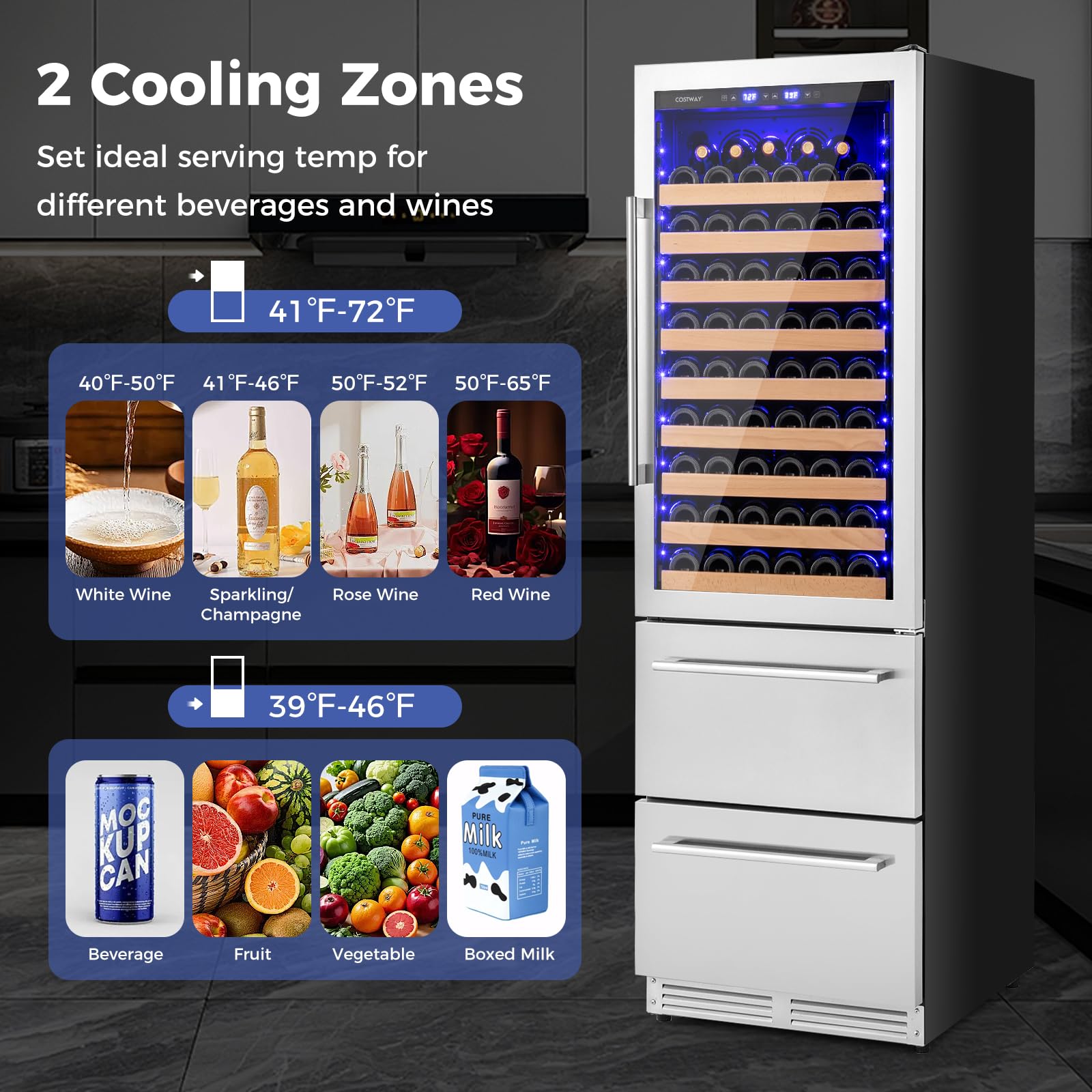 24" Wine Beverage Refrigerator, Dual Zone Beverage Cooler with 108 Bottles and 175 Cans, Built-In or Freestanding Wine Cellar