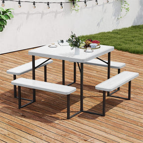 4-8 Person Outdoor Picnic Table Bench Set, All-Weather HDPE Square Dining Table with Umbrella Hole, 4 Benches & Metal Frame for Patio Backyard