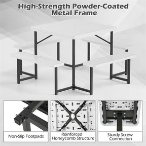 4-8 Person Outdoor Picnic Table Bench Set, All-Weather HDPE Square Dining Table with Umbrella Hole, 4 Benches & Metal Frame for Patio Backyard